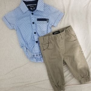 0-3 month beige pant and blue shirt